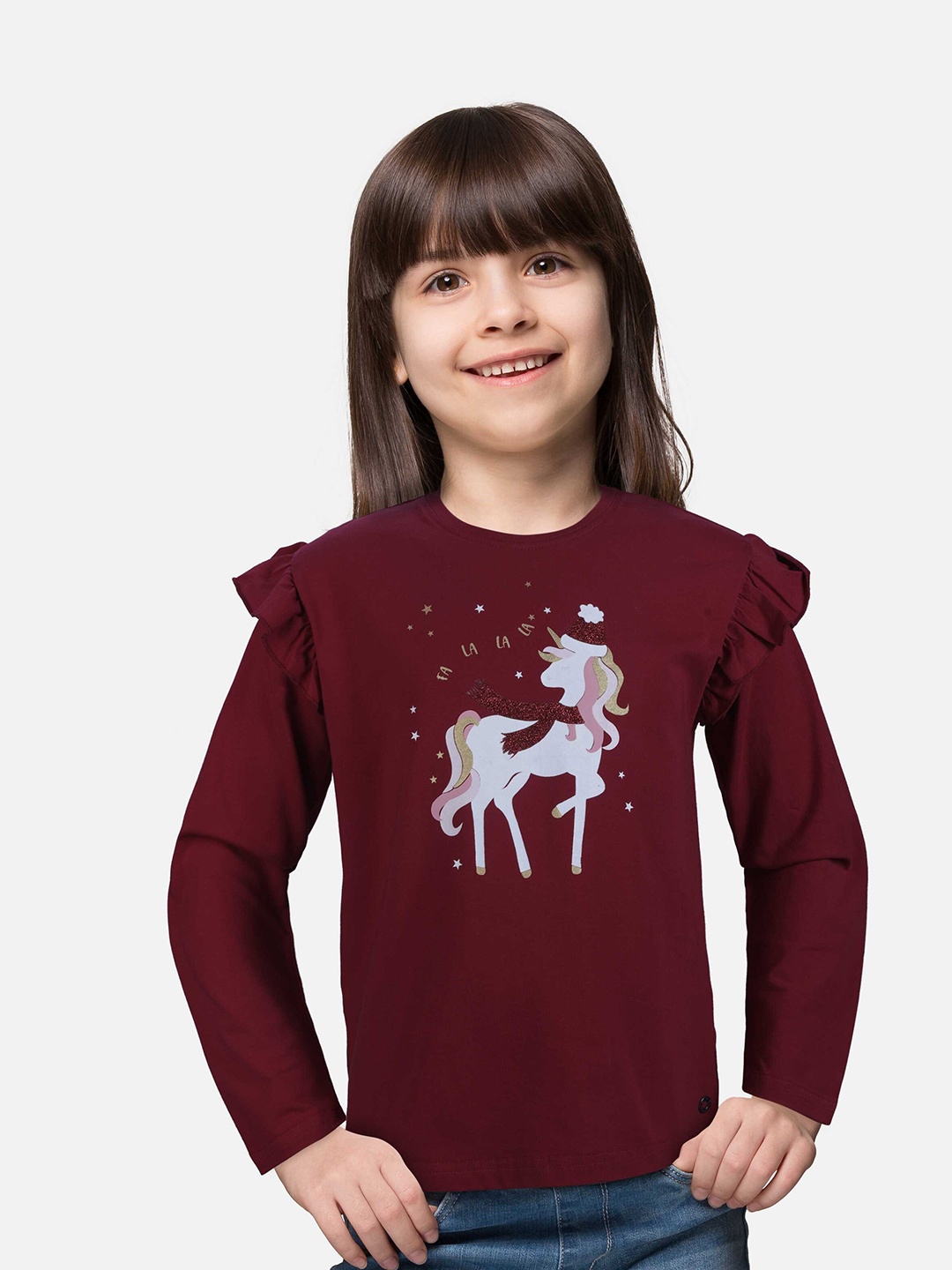 

Gini and Jony Girls Graphic Printed Ruffled Top, Maroon