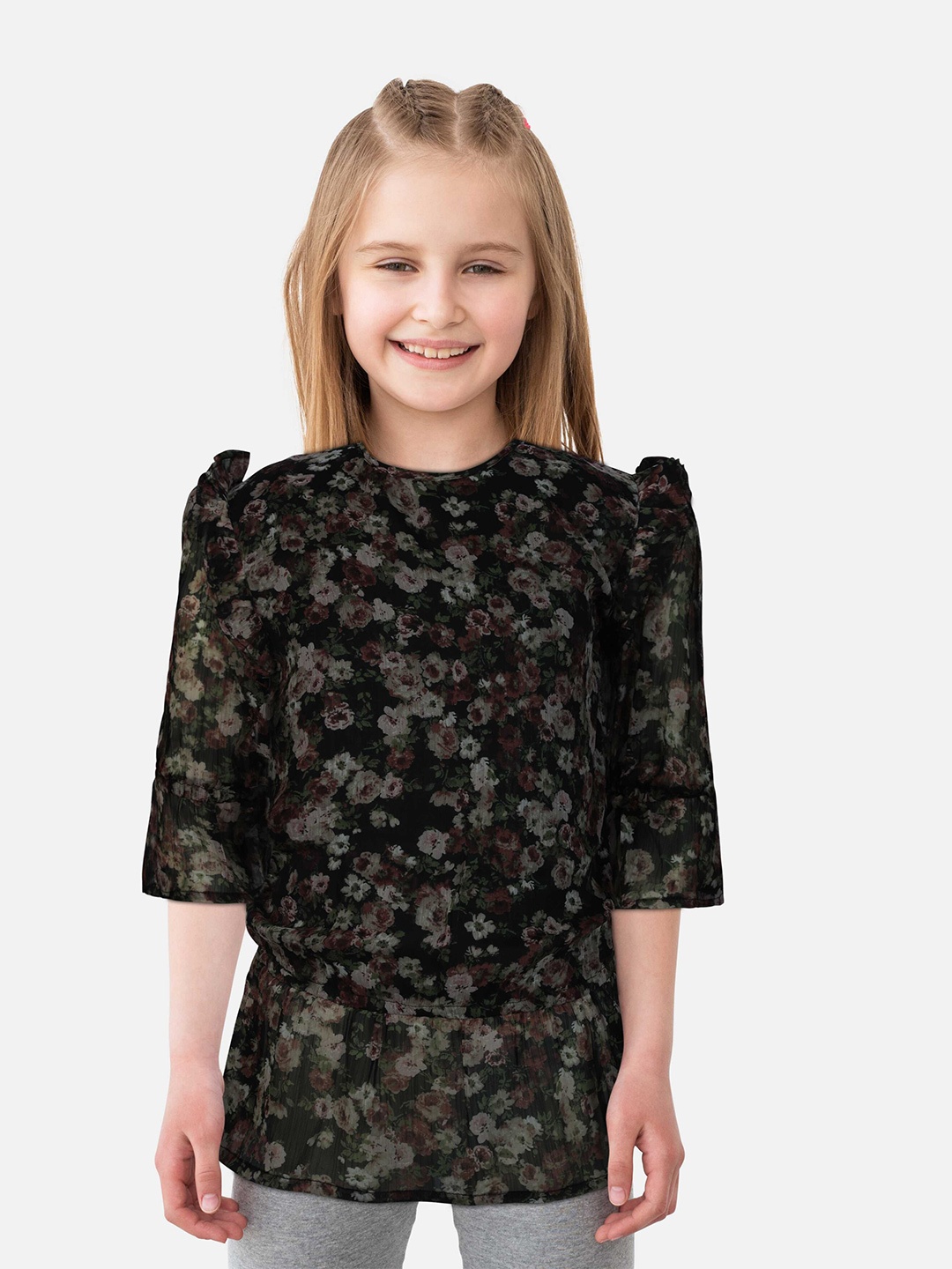 

Gini and Jony Girls Floral Printed Cinched Waist Top, Black