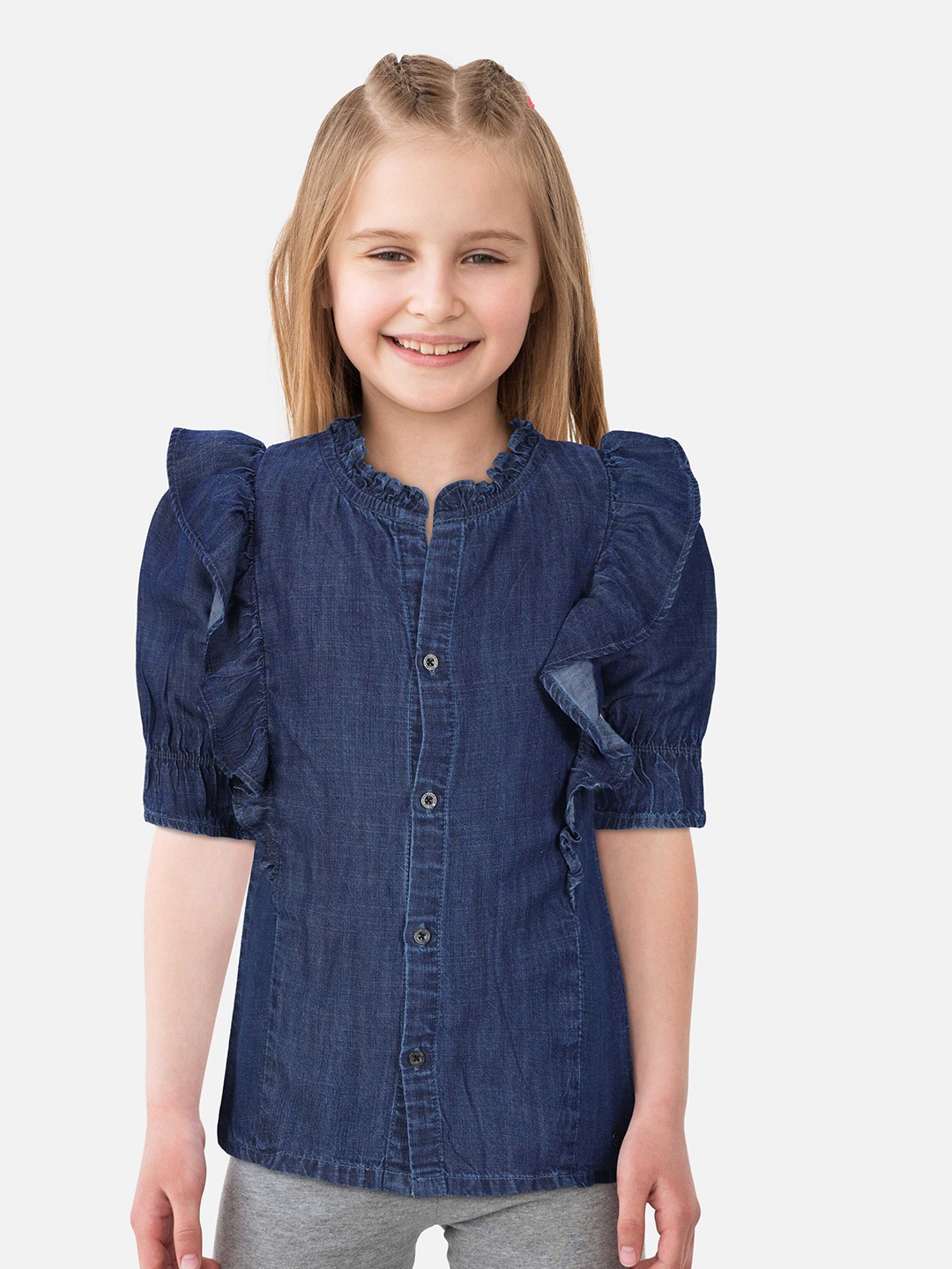 

Gini and Jony Girls Round Neck Shirt Style Ruffles Top, Navy blue