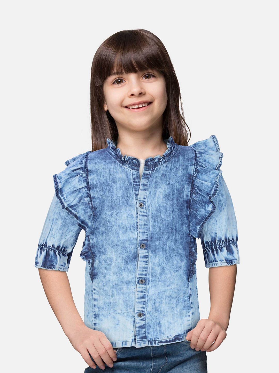 

Gini and Jony Girls Ruffled Round Neck Cotton Top, Blue