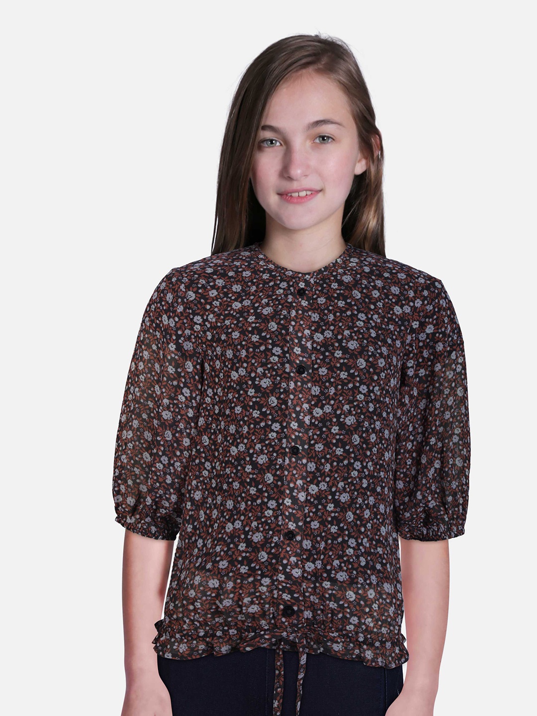 

Gini and Jony Girls Floral Print Mandarin Collar Shirt Style Top, Brown