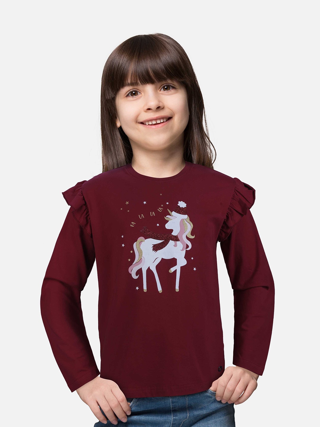 

Gini and Jony Graphic Printed Round Neck Long Sleeves Top, Maroon