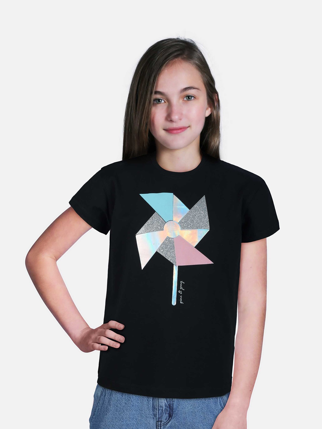 

Gini and Jony Girls Graphic Printed Cotton T-Shirt, Black
