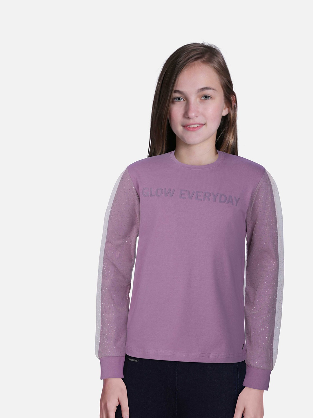 

Gini and Jony Girls Round Neck Cuffed Sleeves Regular Cotton Top, Purple