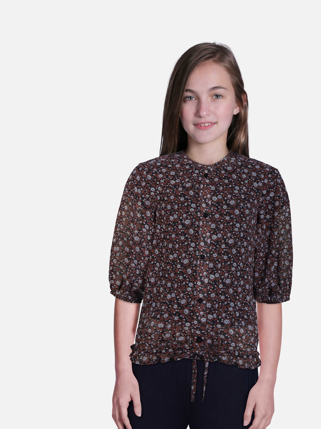 

Gini and Jony Girls Floral Printed Shirt Style Top, Brown