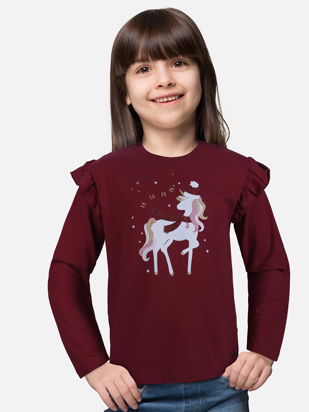 

Gini and Jony Girls Printed Cotton T-Shirt, Maroon