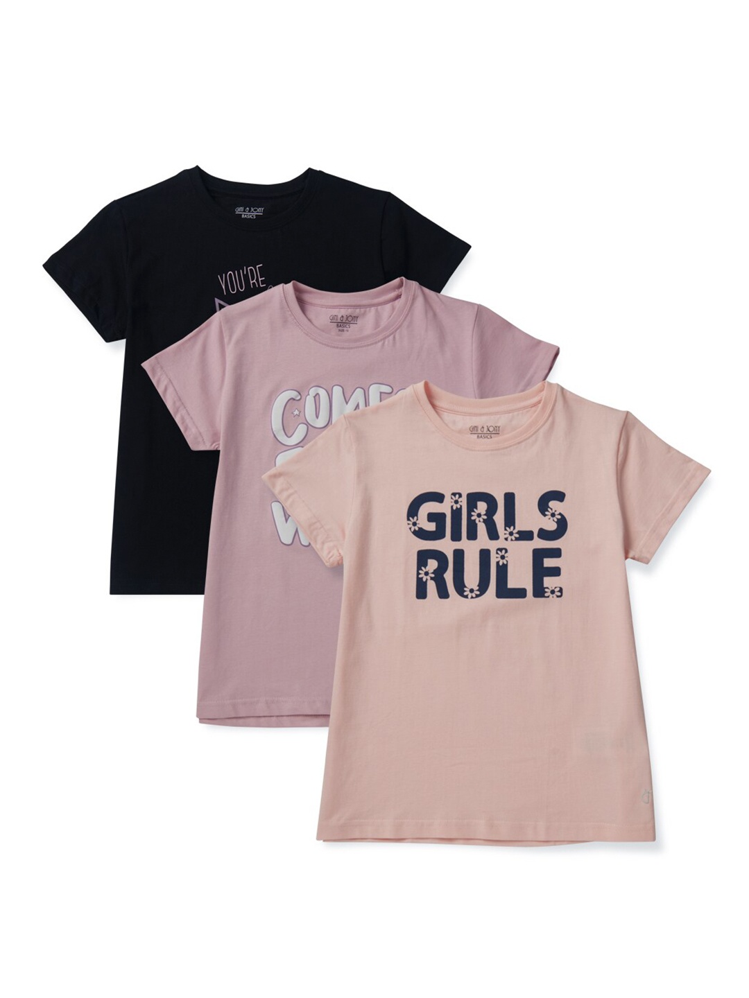 

Gini and Jony Girls Pack Of 3 Typography Printed Cotton Tops, Peach