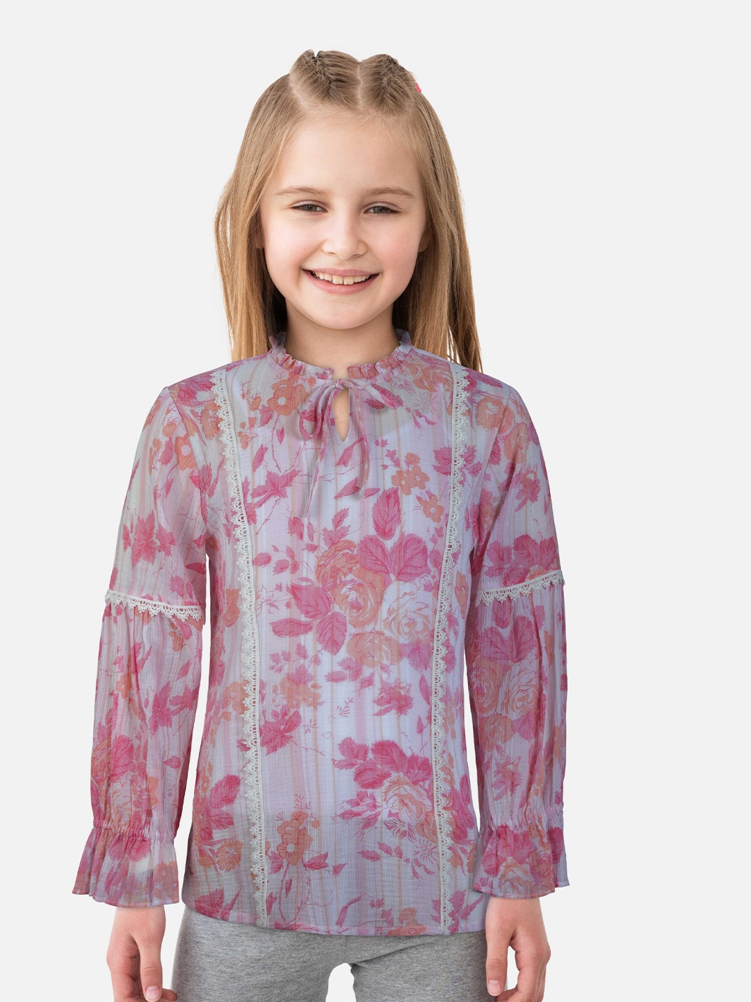 

Gini and Jony Girls Floral Print Tie-Up Neck Shirt Style Top, Pink