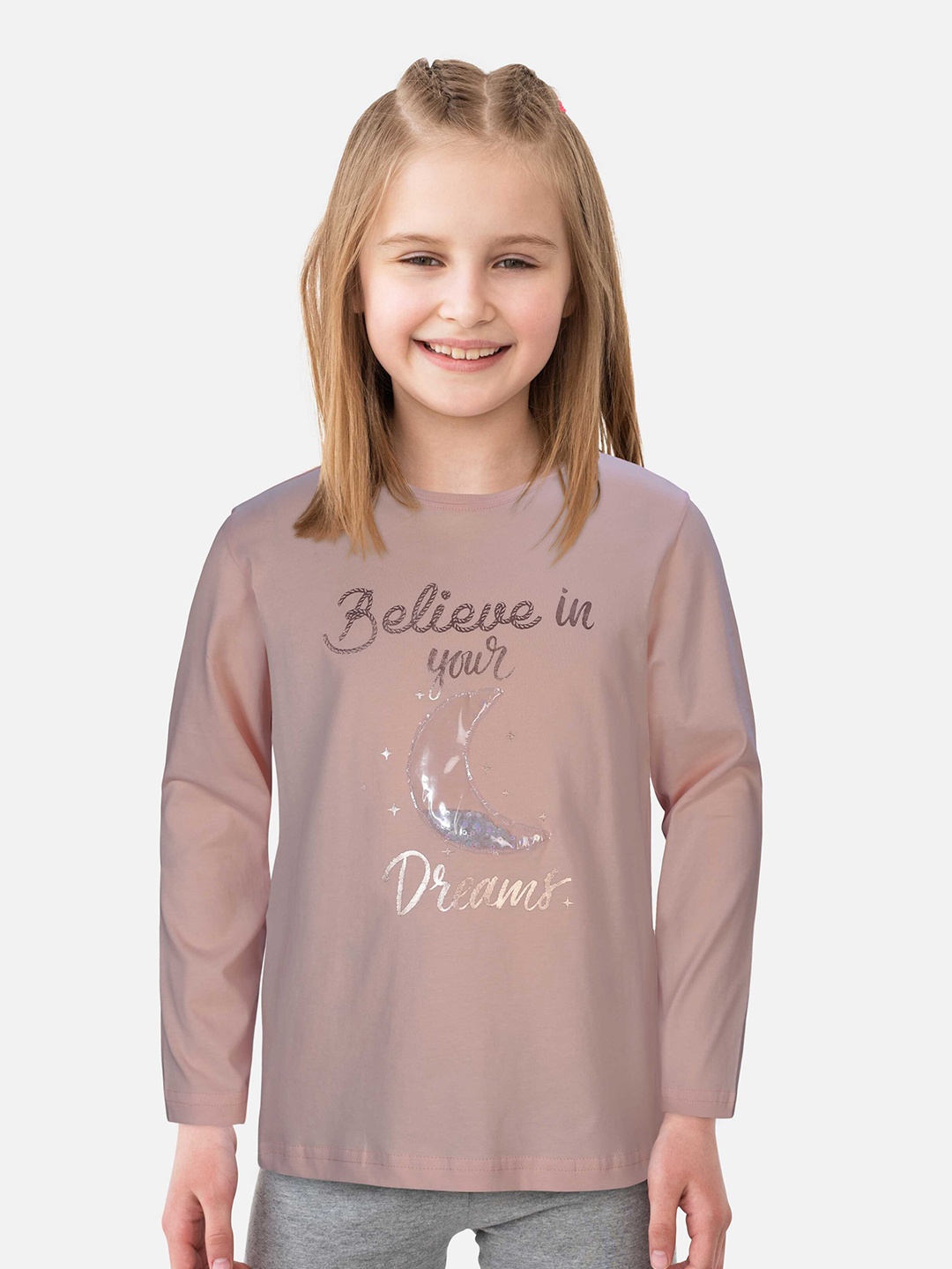 

Gini and Jony Girls Cotton Typography Printed T-shirt, Peach