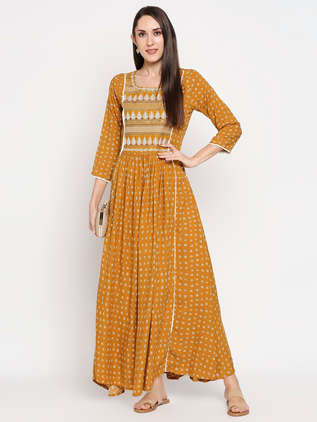 

ZRI Ethnic Motifs Embroidered A-Line Maxi Dress, Mustard