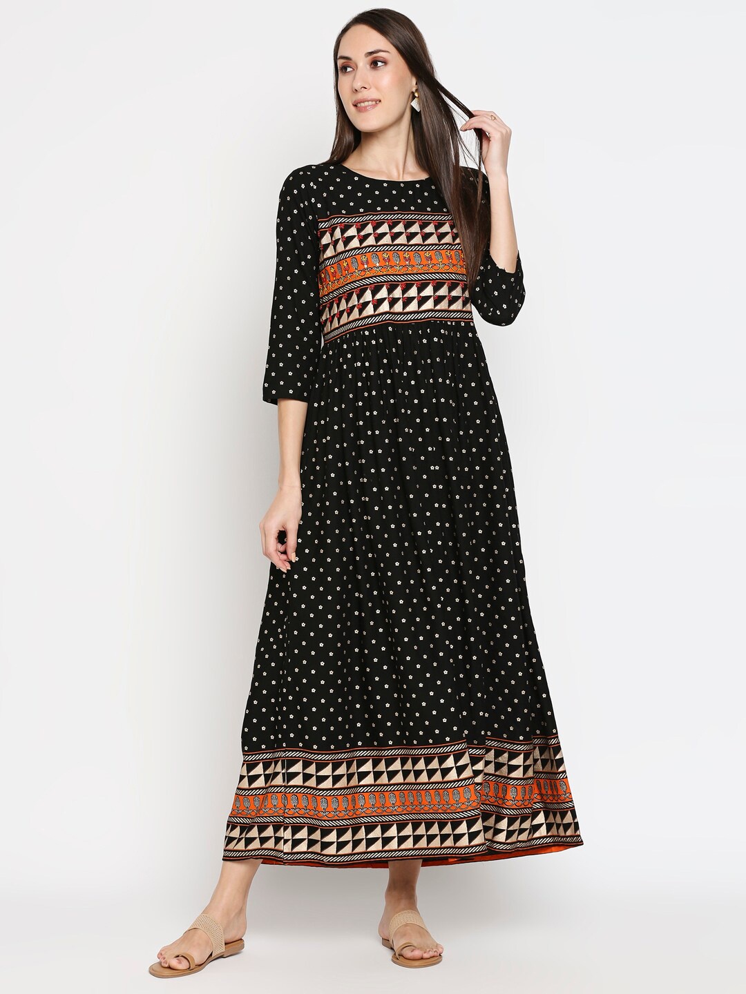 

ZRI Black Ethnic Motifs Printed A-Line Maxi Dress