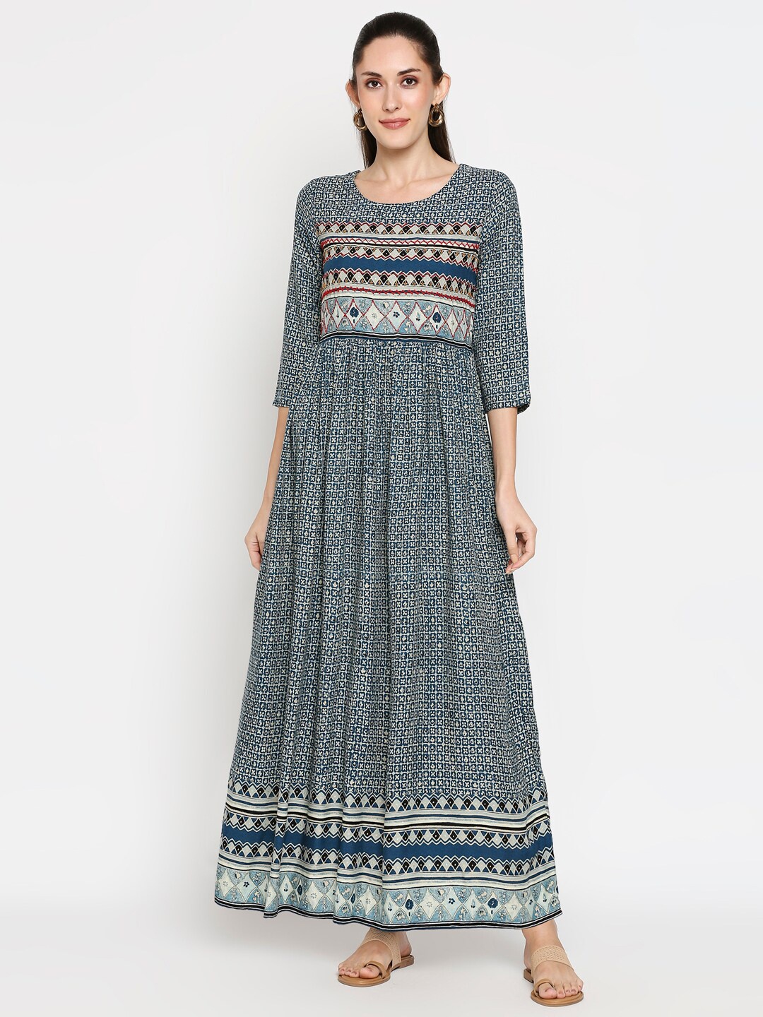 

ZRI Blue Ethnic Motifs Printed A-Line Maxi Dress