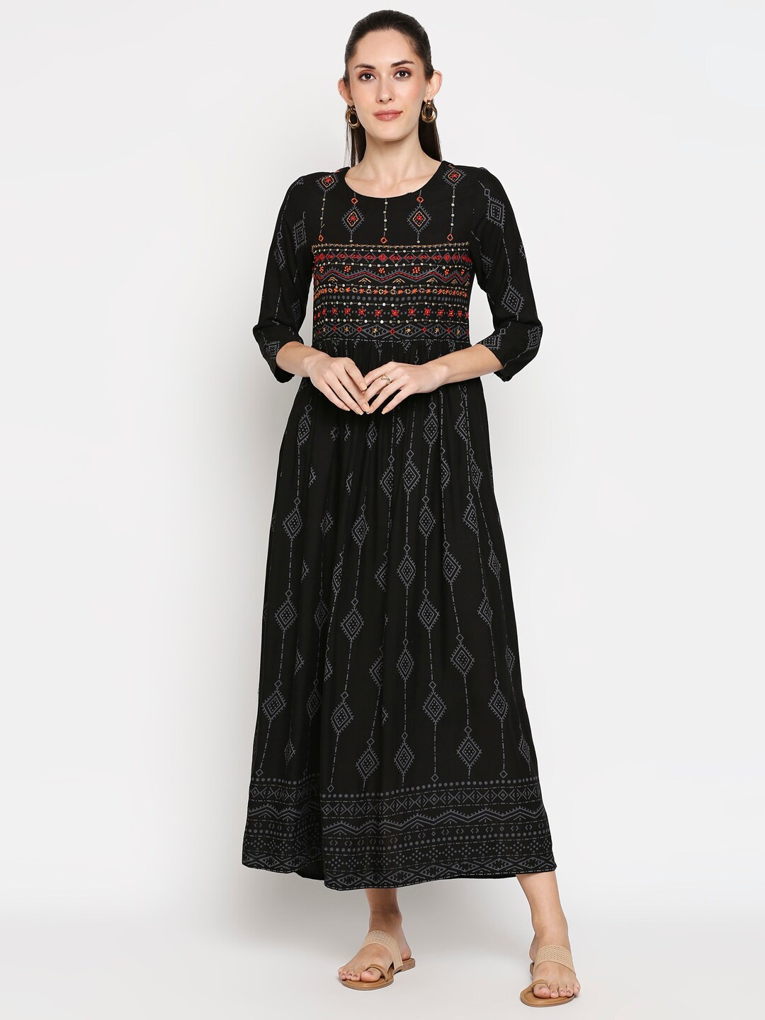 

ZRI Black Ethnic Motifs Printed A-Line Midi Dress