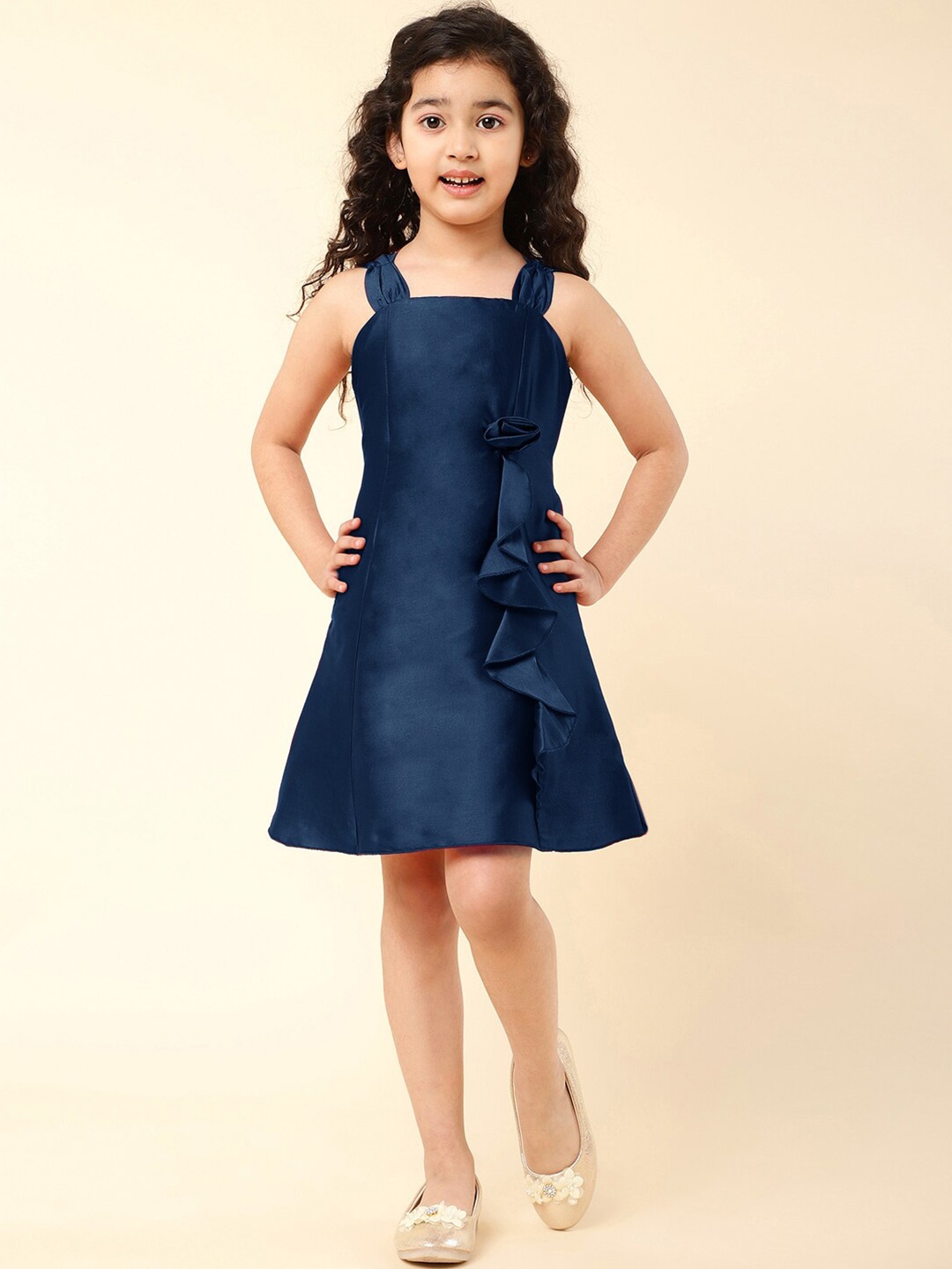 

A.T.U.N. Shoulder Strap Applique A-Line Dress, Navy blue