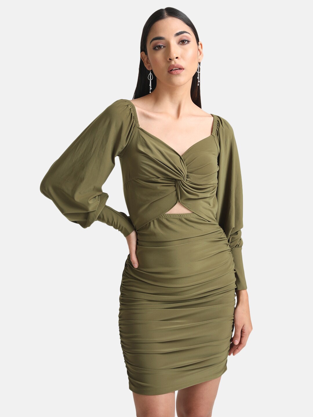 

Kazo Bishop Sleeves Gathered Bodycon Dress, Olive