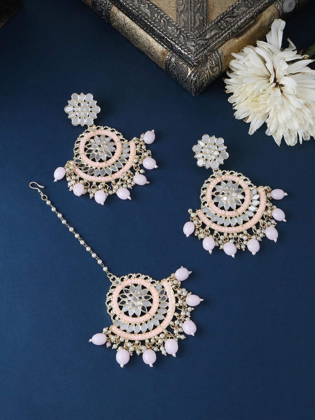 

VIRAASI Gold-Plated Stone-Studded Mirror Jewellery Set, Pink