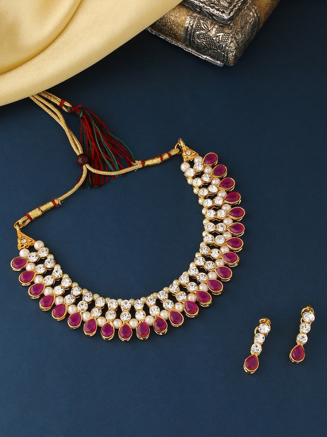 

VIRAASI Gold-Plated Stone-Studded & Beaded Jewellery Set, Pink