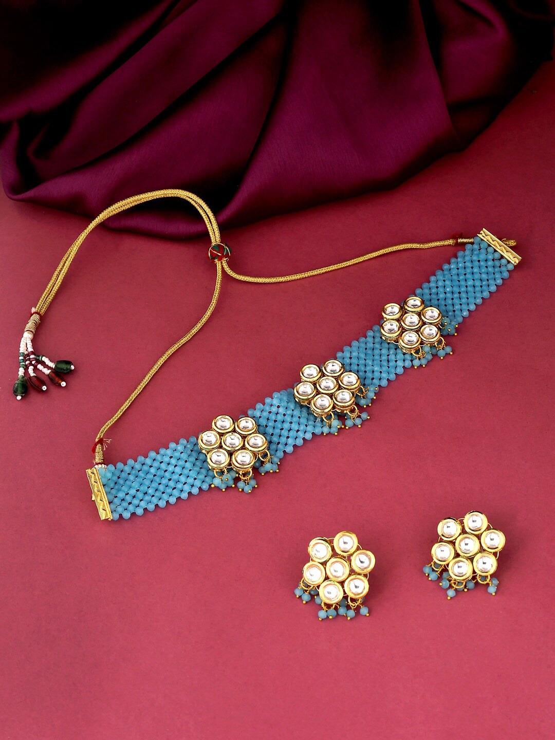 

VIRAASI Gold-Plated Kundan-Studded & Beaded Jewellery Set, Blue