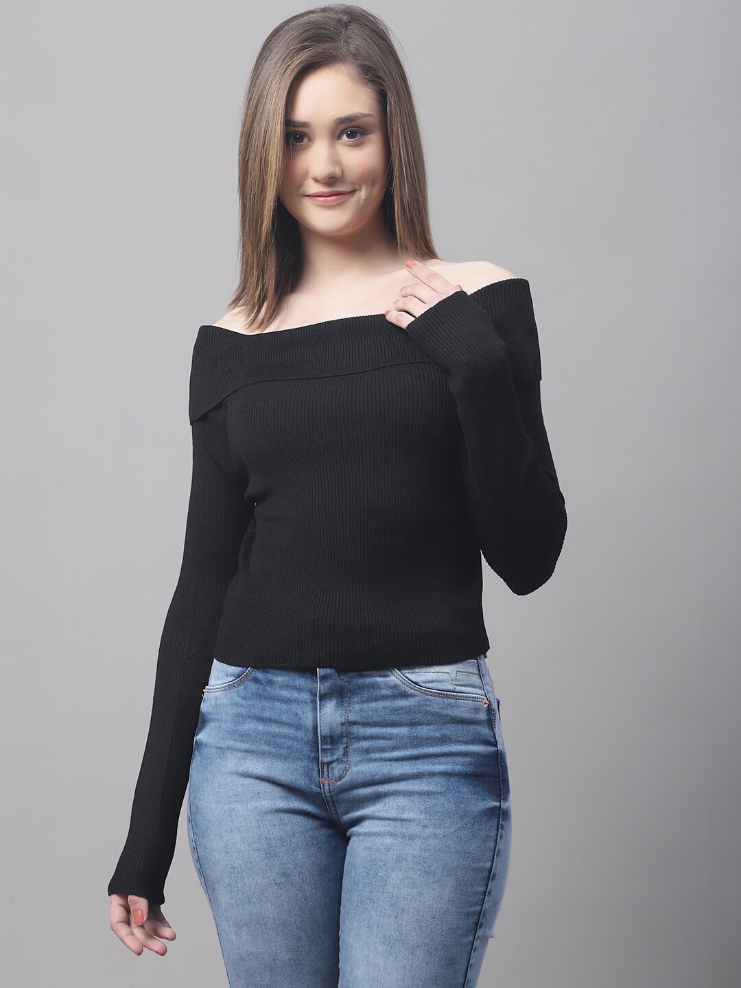 

NoBarr Off-Shoulder Long Sleeves Acrylic Top, Black