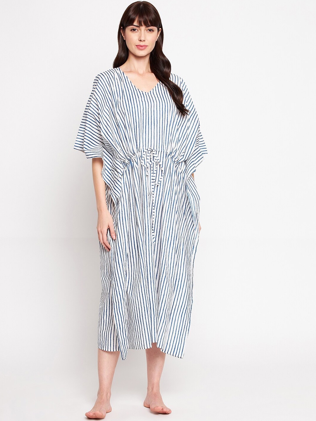 

SECRETS BY ZEROKAATA Striped Pure Cotton Midi Kaftan Cover-Up Dress, White