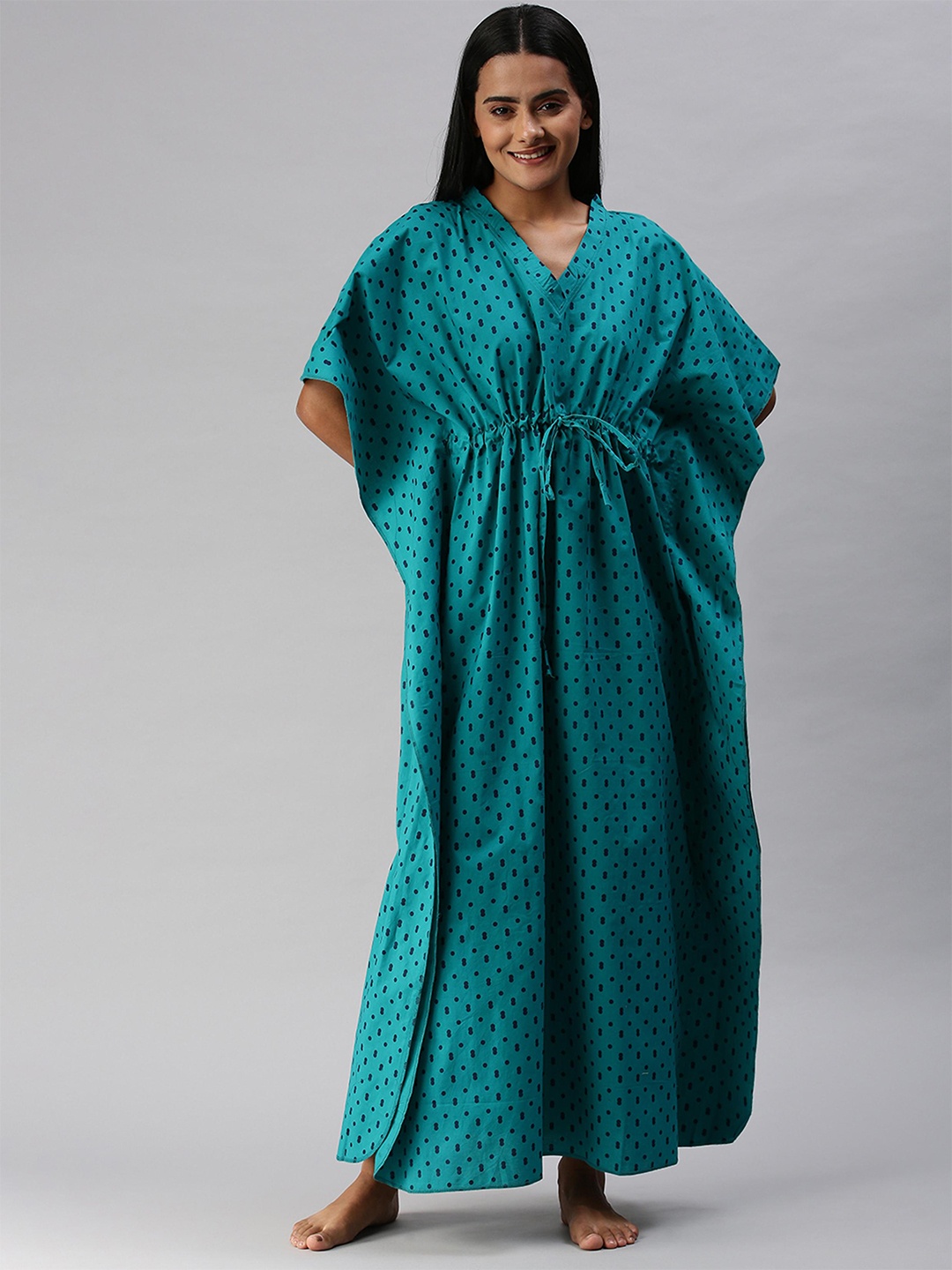 

Kryptic Printed Pure Cotton V-Neck Maxi Nightdress, Teal