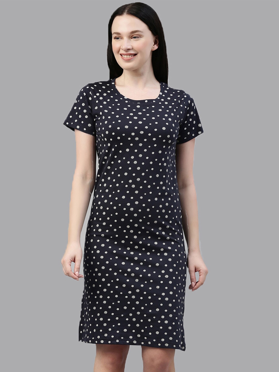 

Kryptic Pure Cotton Polka Dots Printed Nightdress, Navy blue