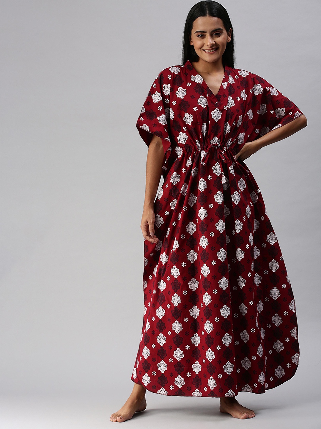 

Kryptic Printed Pure Cotton V-Neck Maxi Nightdress, Maroon