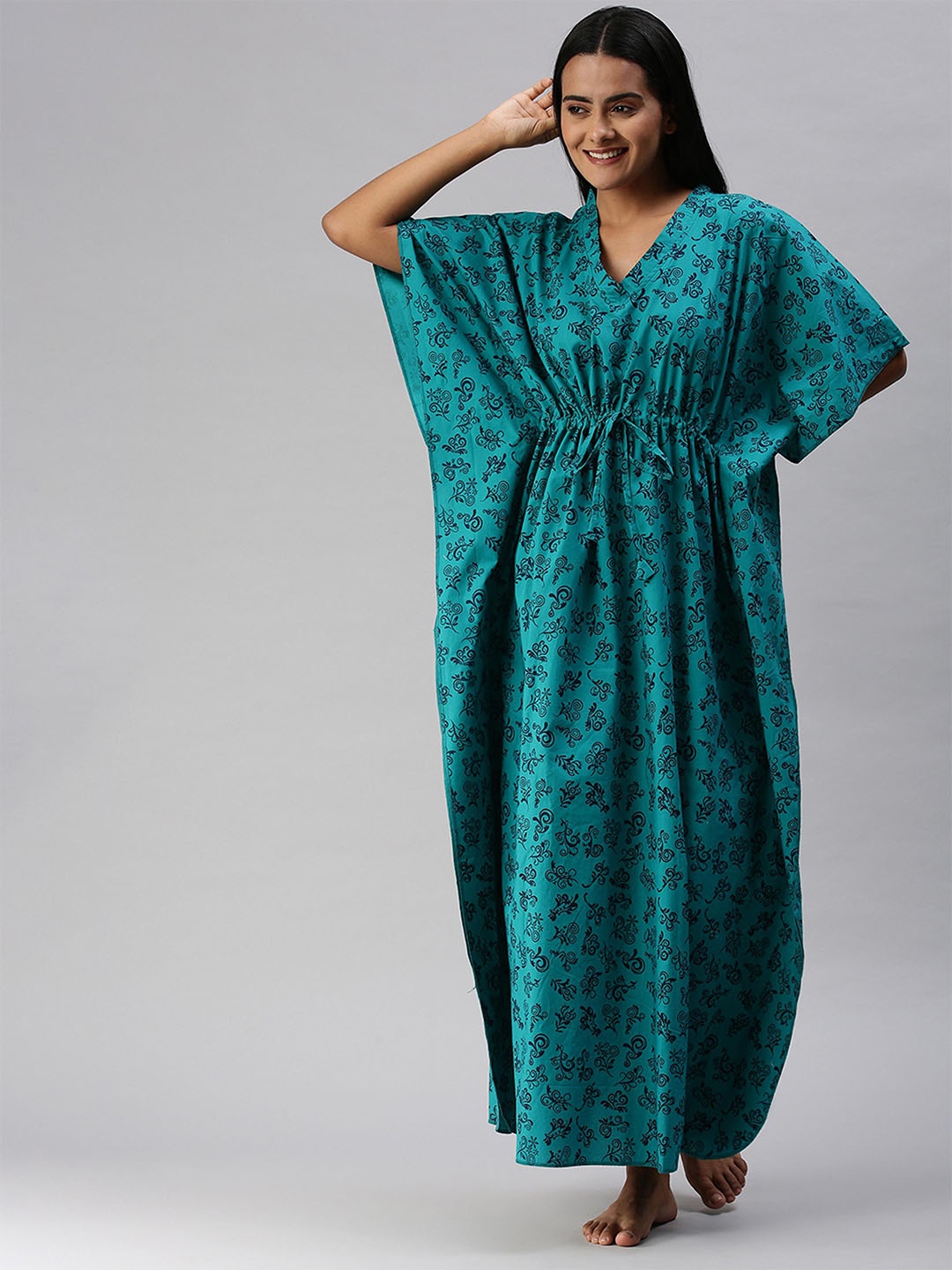

Kryptic Ethnic Motifs Pure Cotton Printed Maxi Nightdress, Green