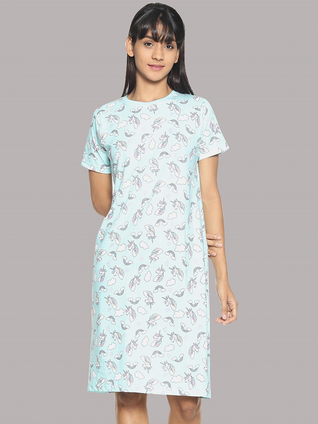 

Kryptic Printed Pure Cotton Round Neck T-shirt Nightdress, Turquoise blue