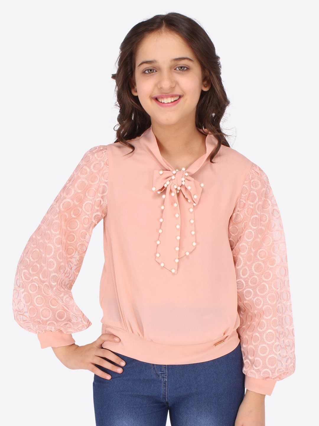 

CUTECUMBER Tie-Up Neck Puff Sleeves Top, Peach