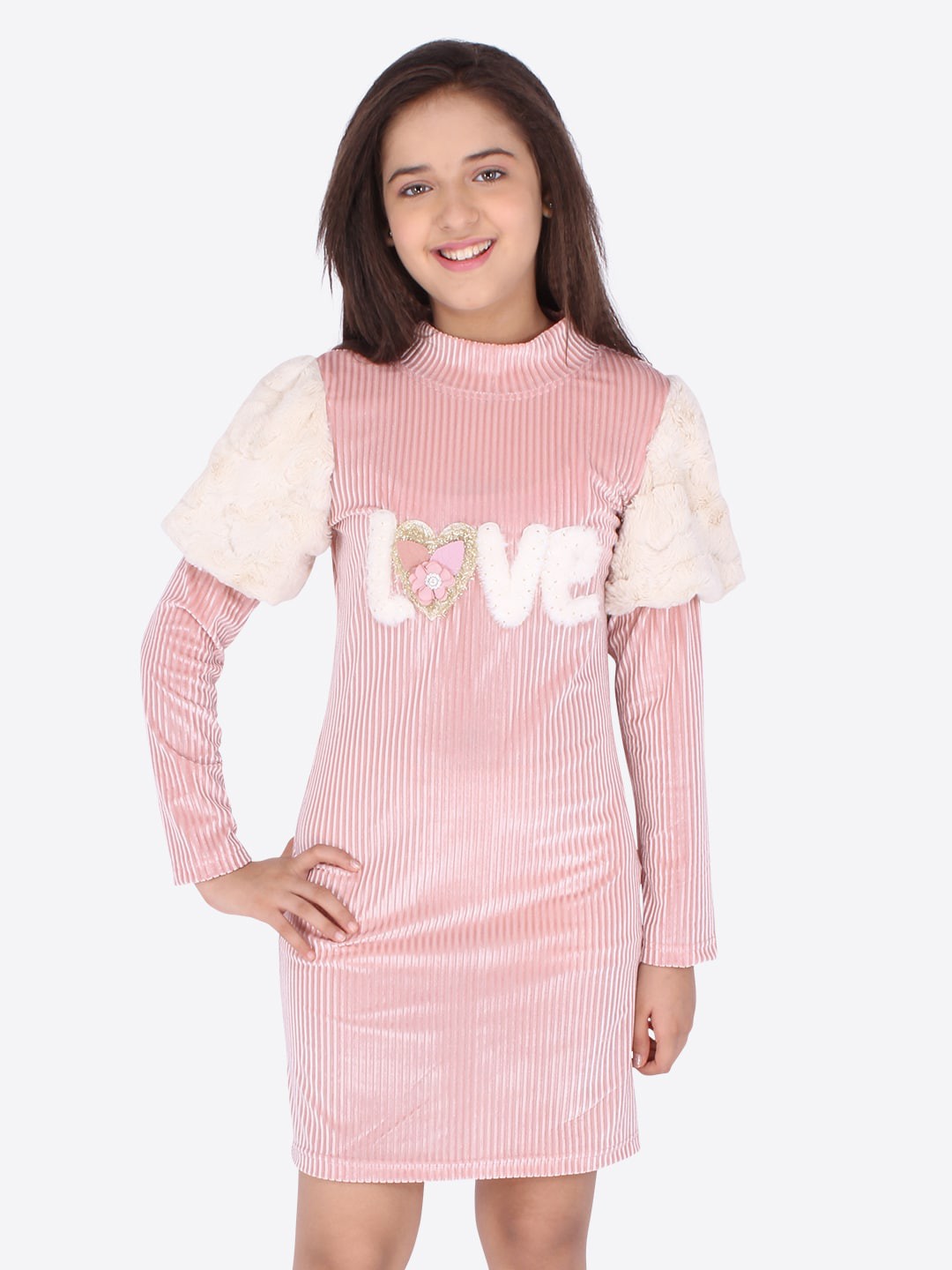 

CUTECUMBER Girls Striped Applique Mock Neck Velvet Sheath Dress, Pink