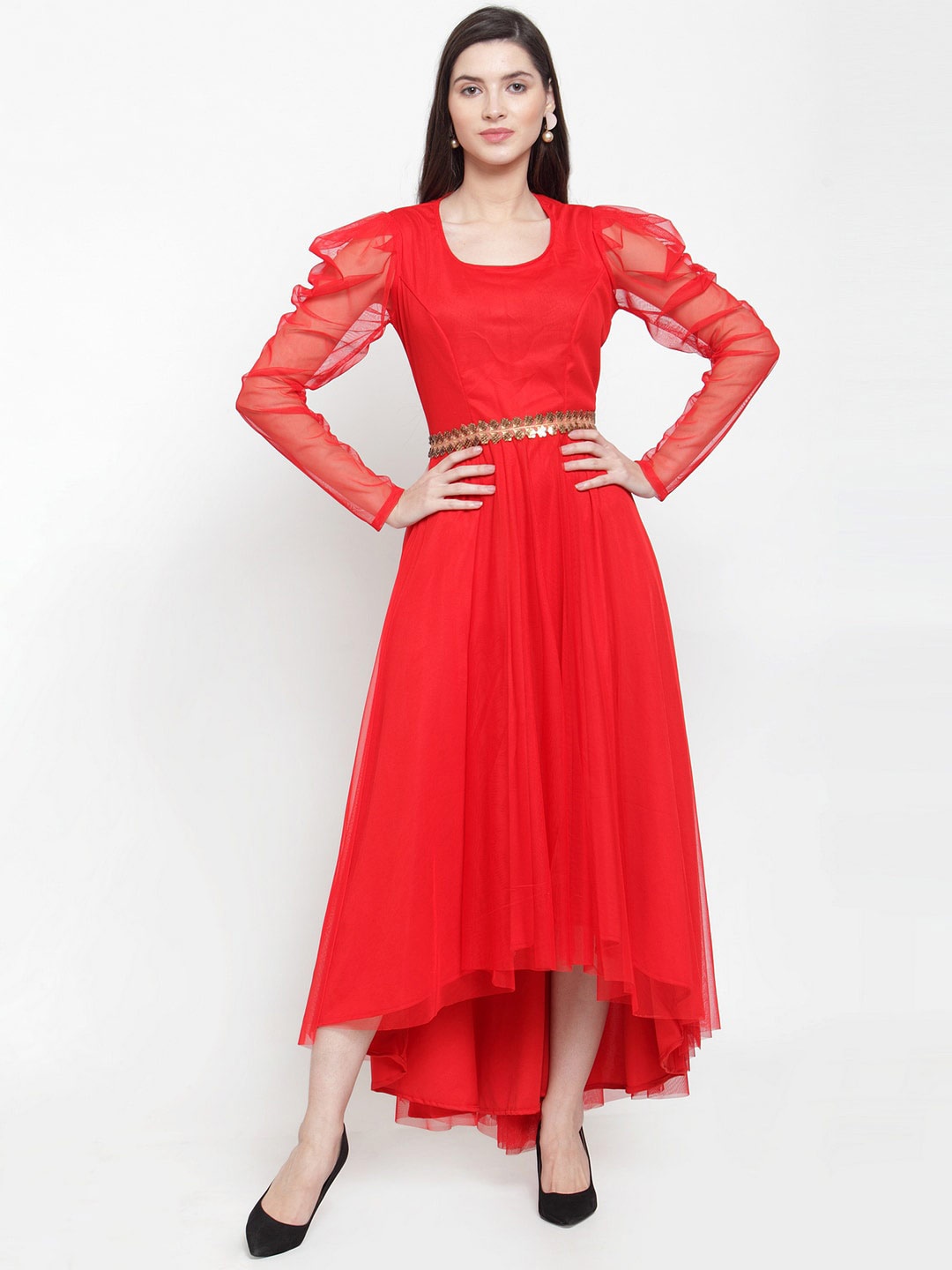 

Just Wow Net Midi Puff Sleeves High-Low Fit & Flare Dress, Red