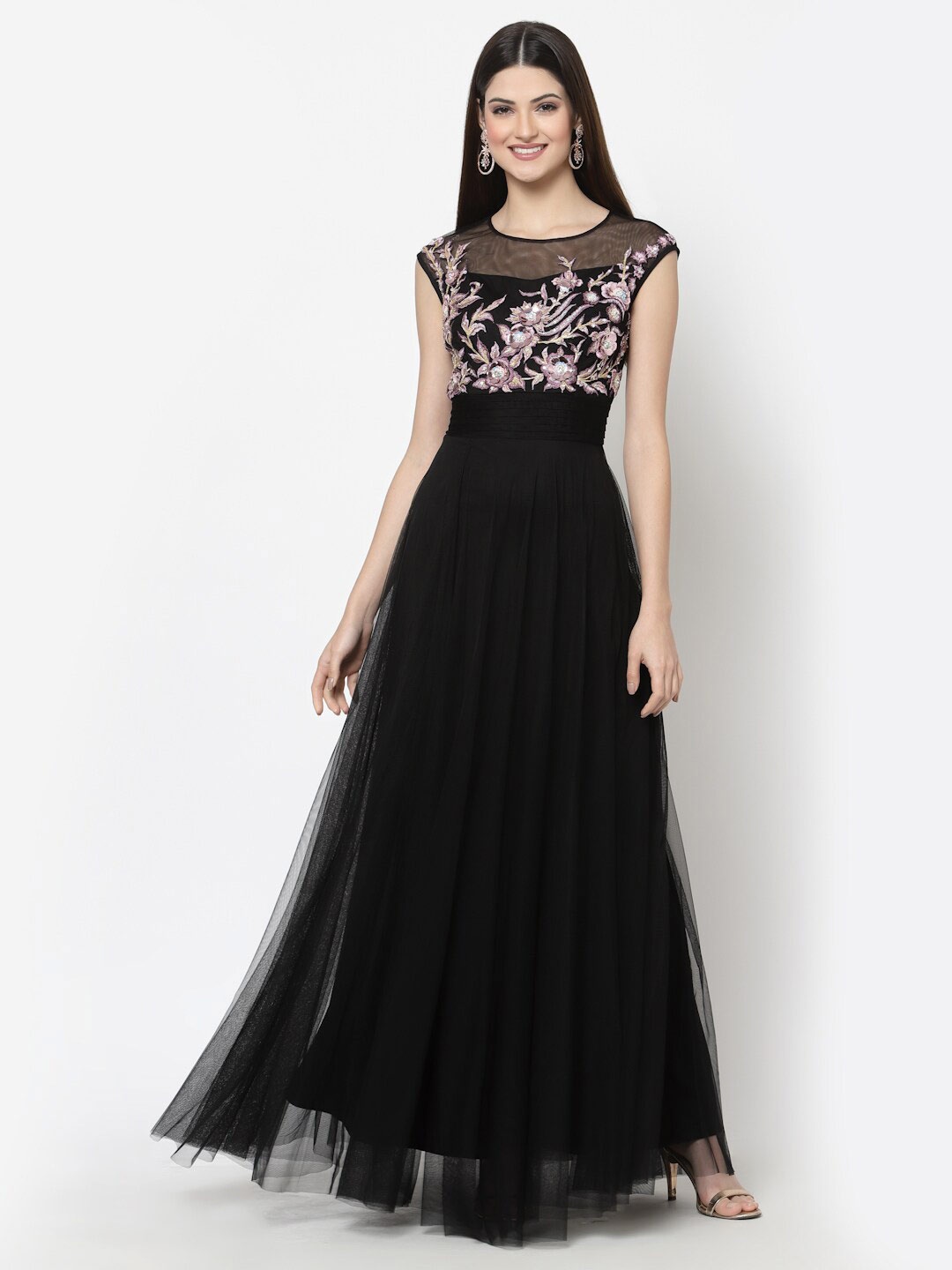 

Just Wow Floral Embroidered Net Maxi Dress, Black