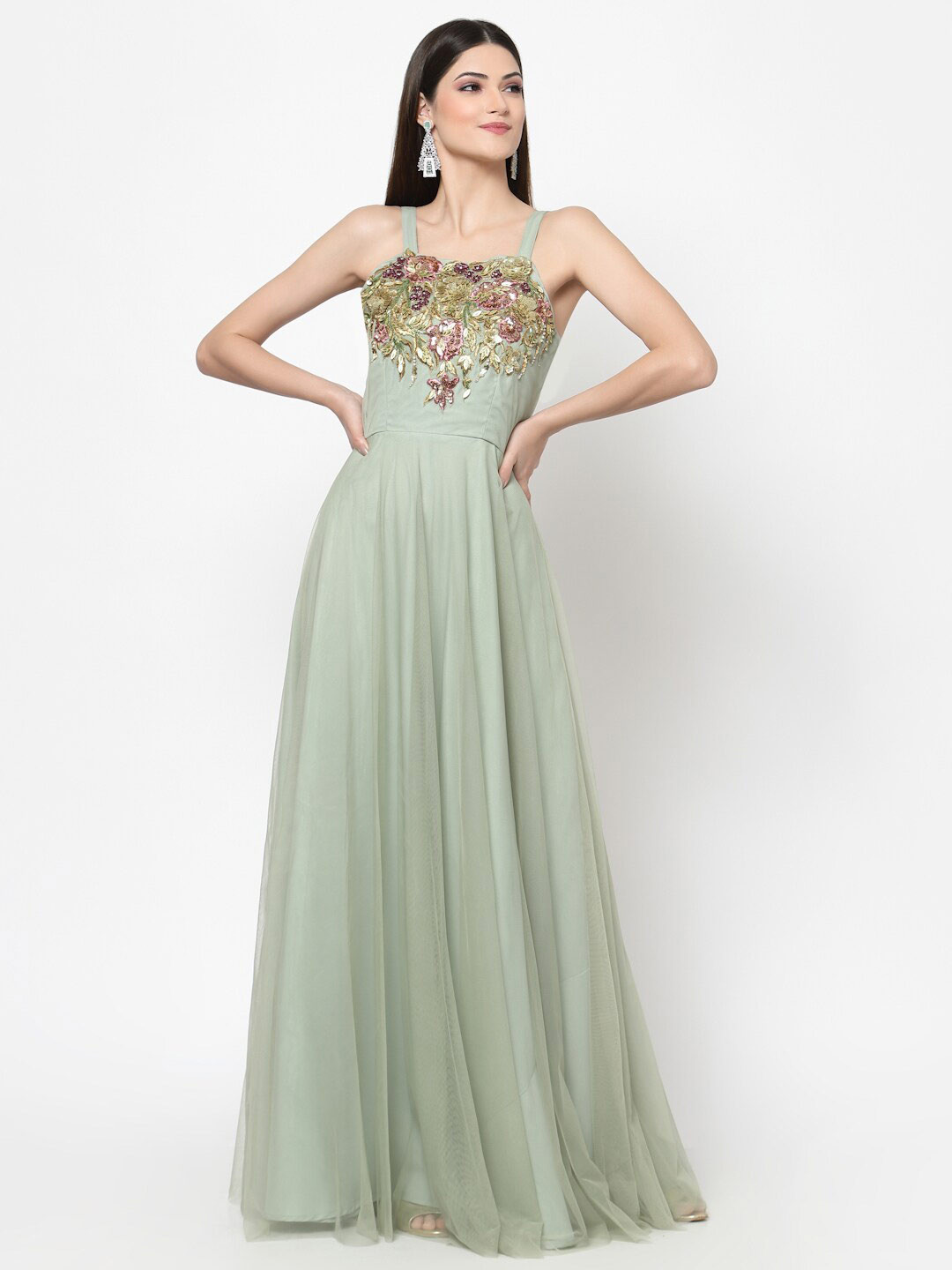 

Just Wow Embellished Net Maxi Dress, Sea green