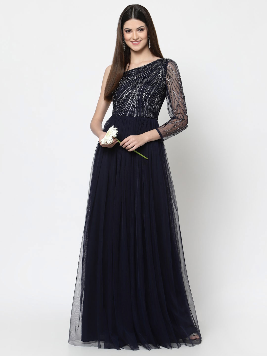 

Just Wow Navy Embellished One Shoulder Net Maxi Dress, Navy blue