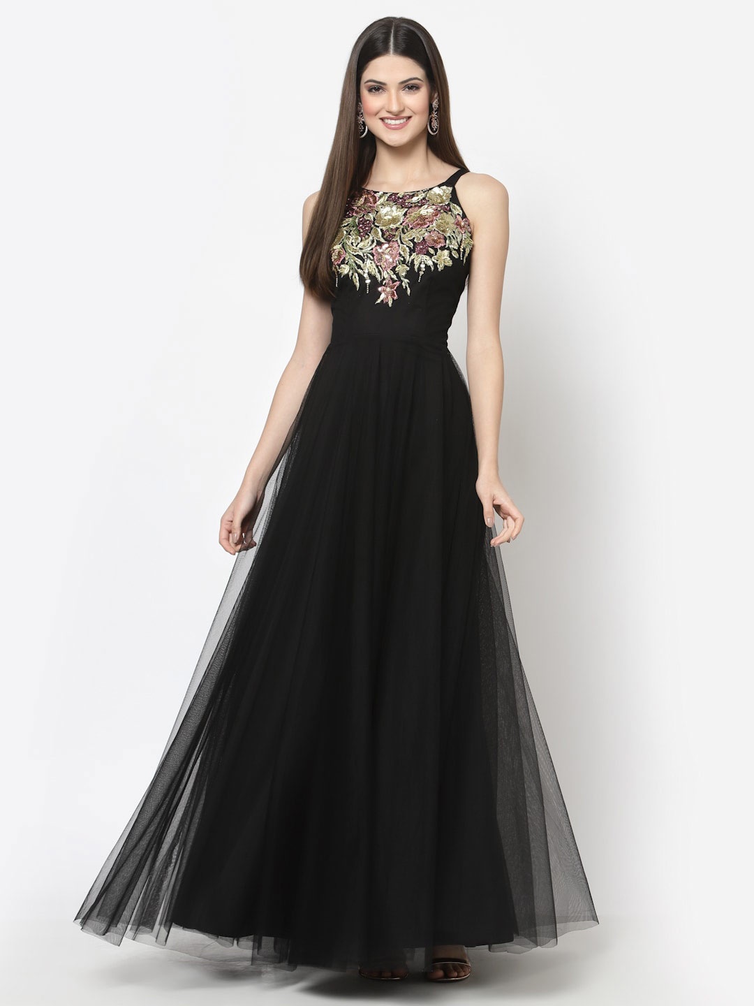 

Just Wow Floral Embroidered Shoulder Strap Maxi Dress, Black