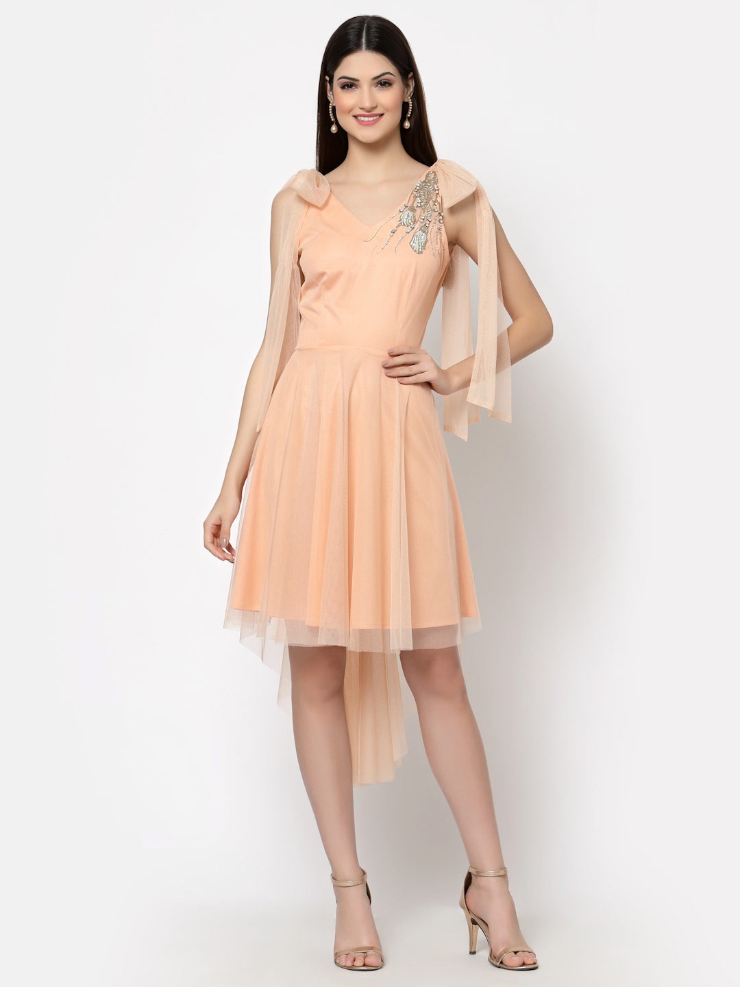 

Just Wow V-Neck Embellished Net Dress, Peach