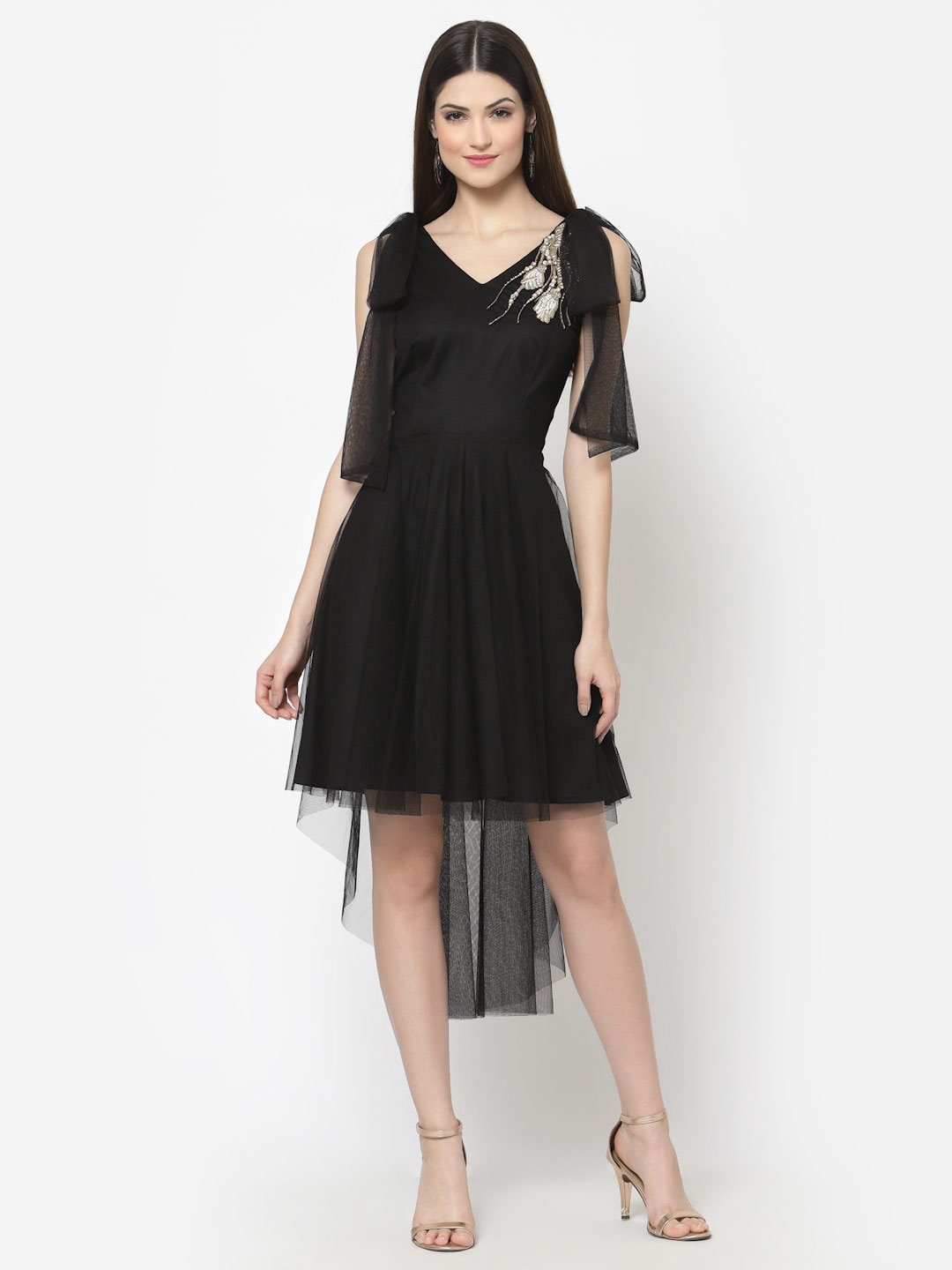 

Just Wow Net Slit Sleeves High-Low Fit & Flare Dress, Black