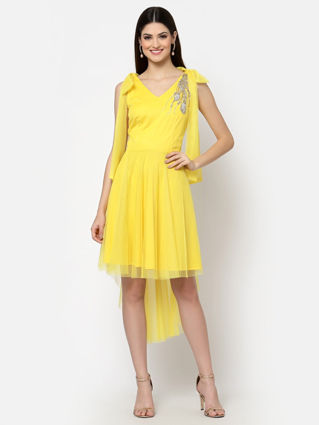 

Just Wow V Neck High Low Fit And Flare Dress, Yellow