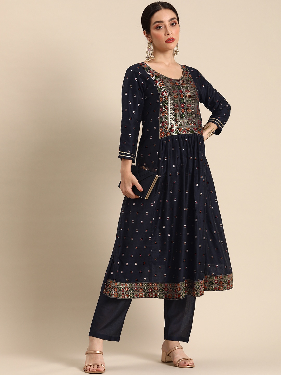 

all about you Pleated Chanderi Silk Kurta with Trousers, Navy blue