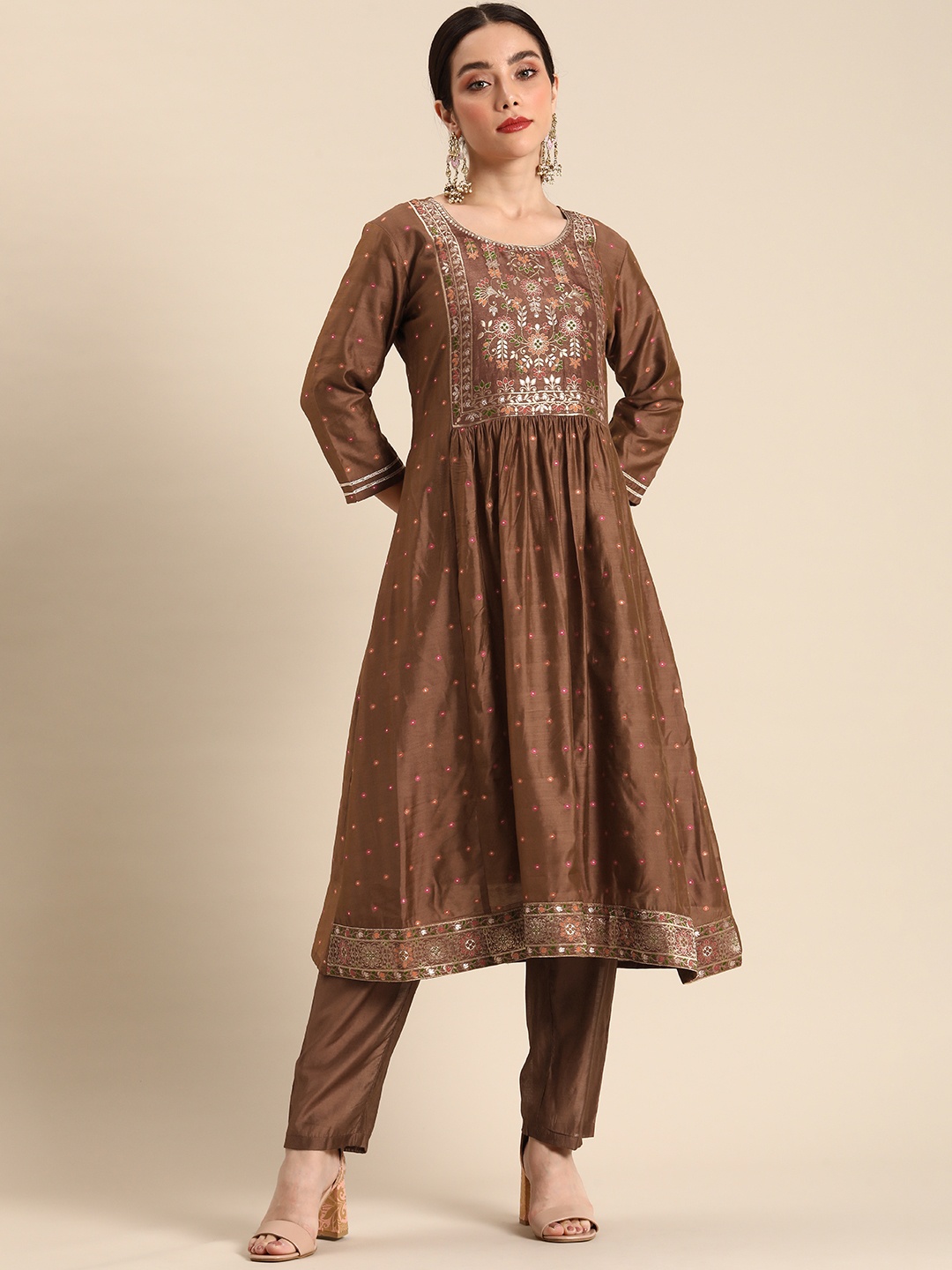 

all about you Pleated Chanderi Silk Kurta with Trousers, Brown