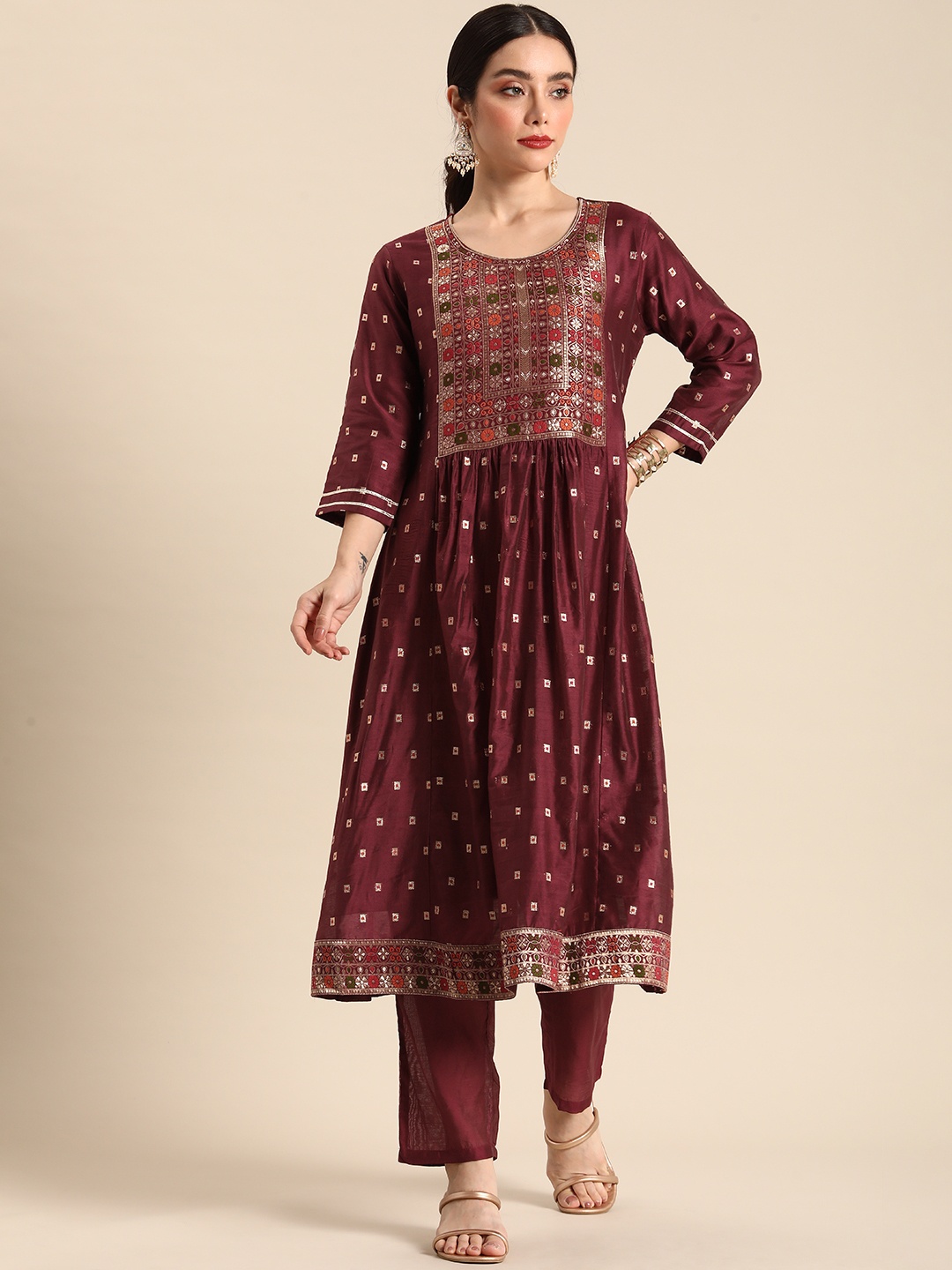 

all about you Pleated Chanderi Silk Kurta with Trousers, Maroon