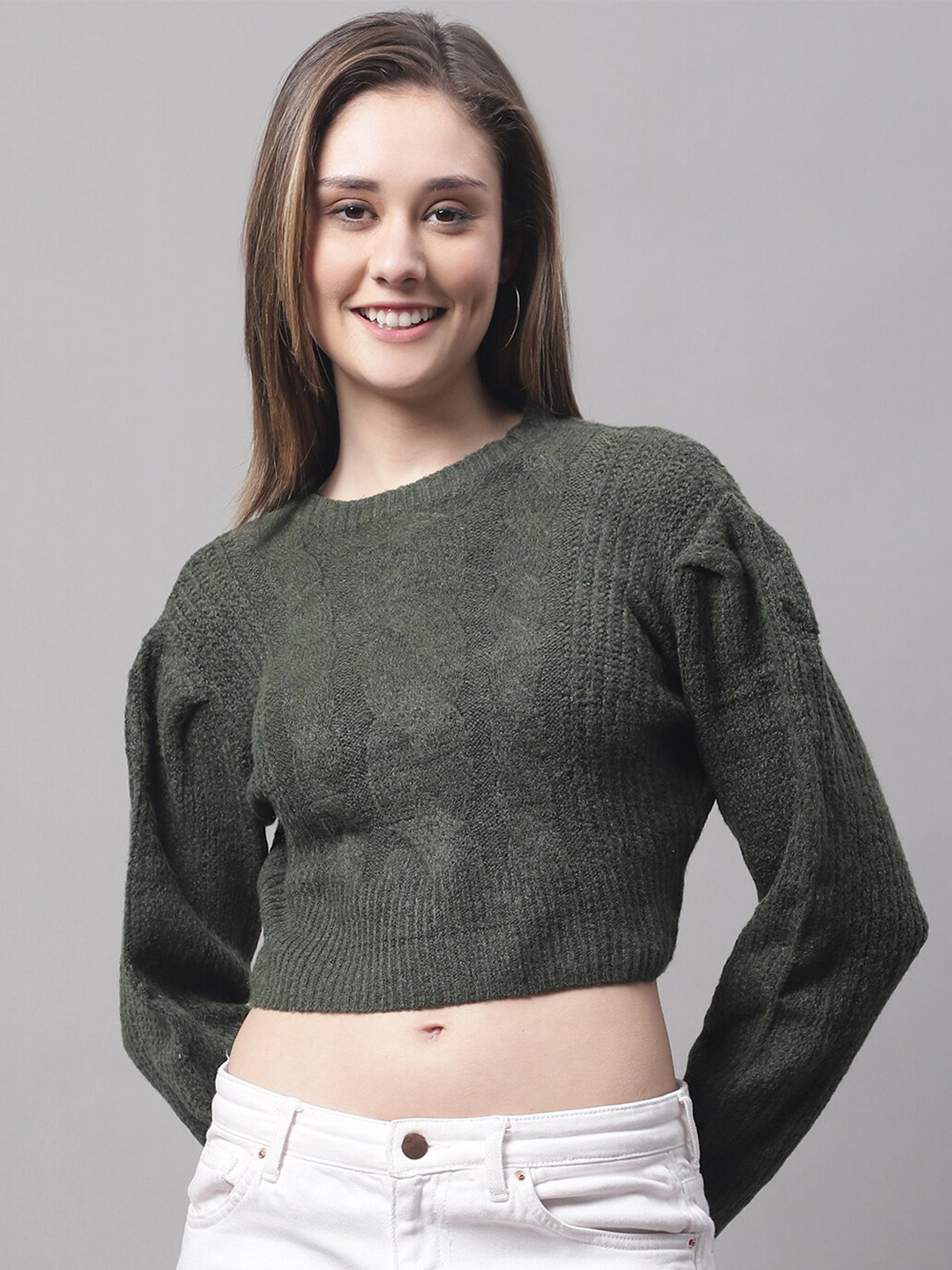 

NoBarr Women Round Neck Cable Knit Acrylic Crop Pullover, Green