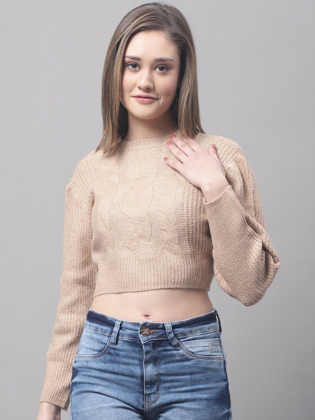 

NoBarr Women Round Neck Cable Knit Acrylic Crop Pullover, Brown