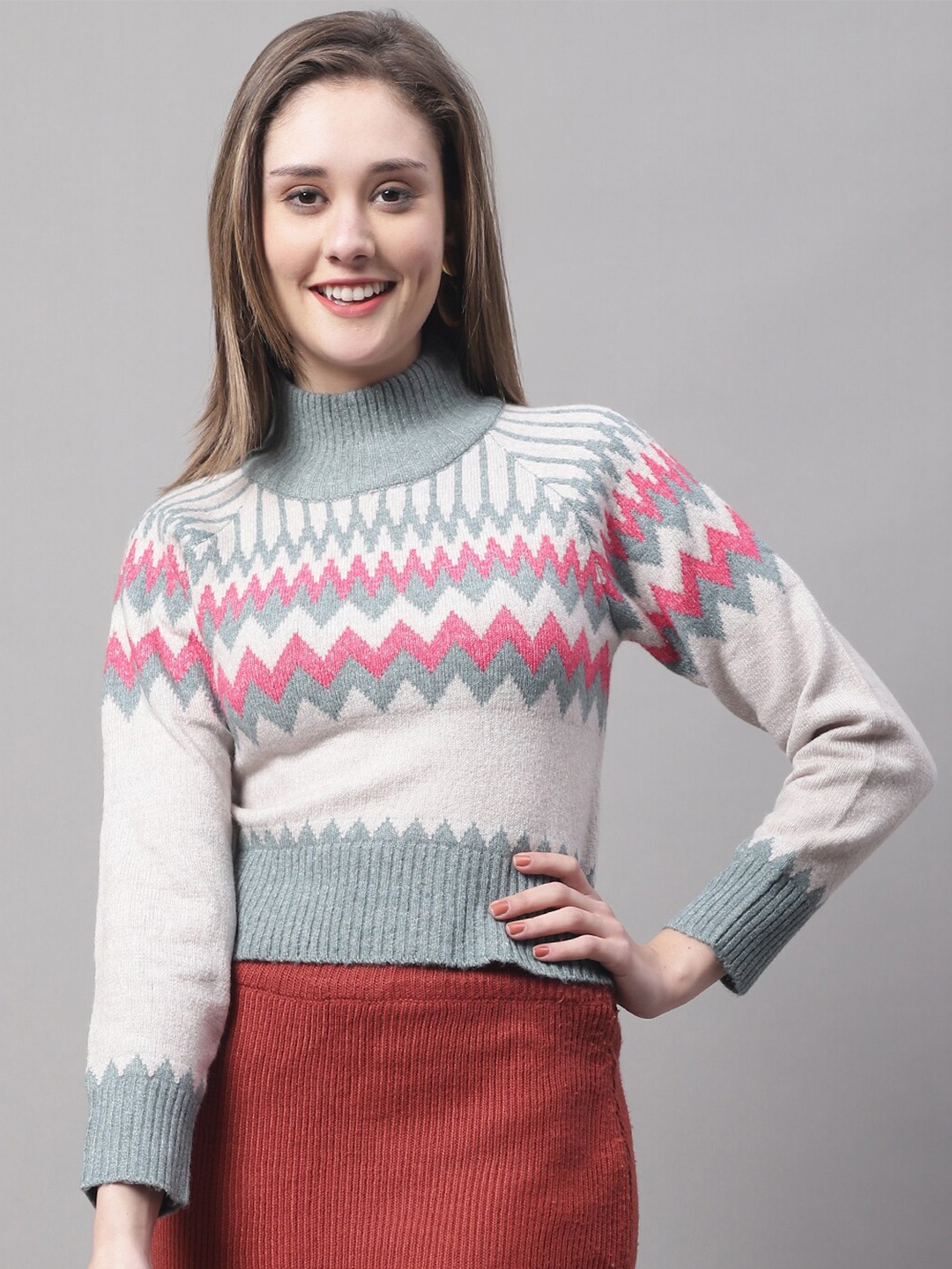 

NoBarr Women Geometric Printed Turtle Neck Crop Cotton Pullover, Cream