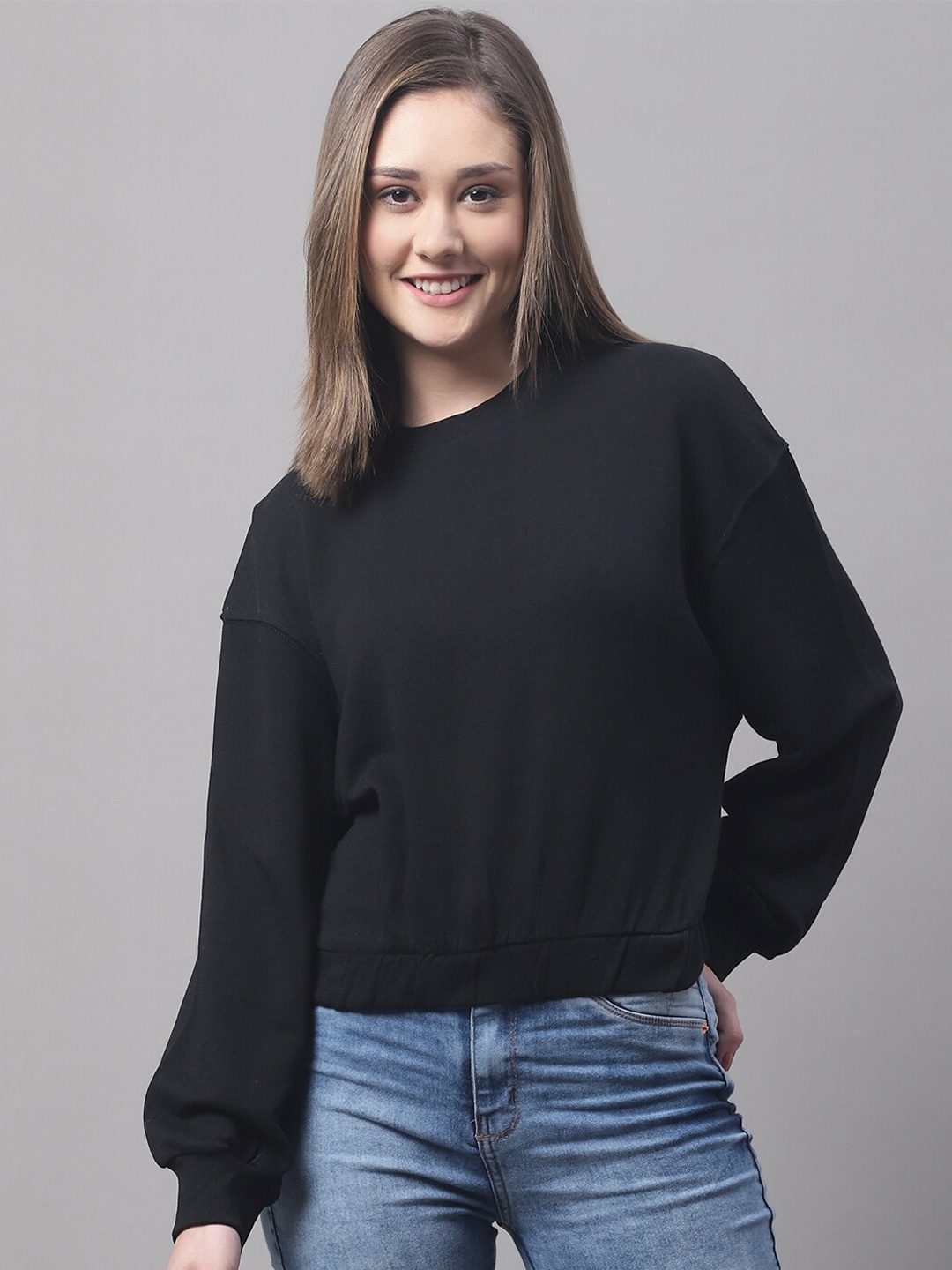 

NoBarr Women Round Neck Puff Sleeves Pullover, Black
