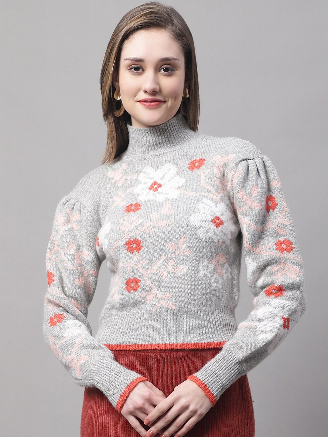 

NoBarr Women Turtle Neck Floral Pullover, Grey