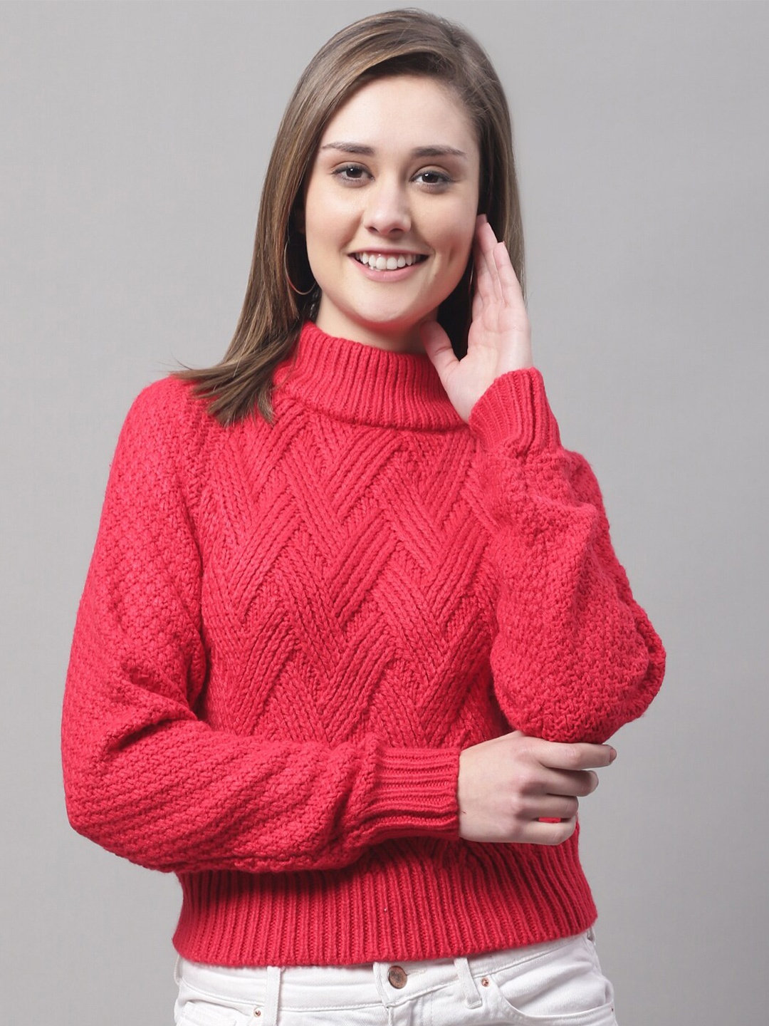 

NoBarr Women Turtle Neck Cable Knit Pullover, Red