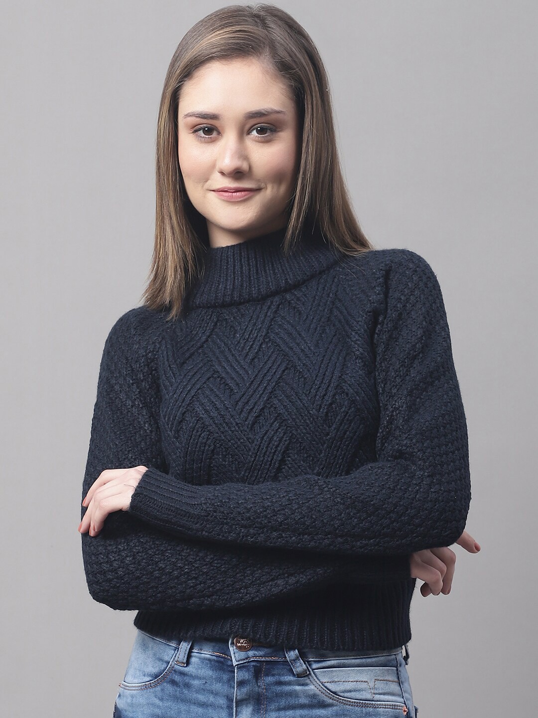 

NoBarr Women Turtle Neck Self Design Cable Knit Pullover, Navy blue