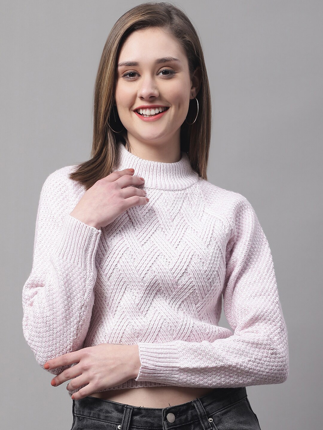 

NoBarr Women Turtle Neck Long Sleeves Crop Pullover, Pink